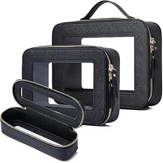 Travel Makeup Set Waterproof Transparent Cosmetic Bag and Toiletry Bag Makeup Brush case with Zipper Car Essentials for Women (Black, L+M+SLIM)