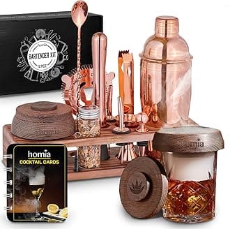 Bartender Kit with Whiskey Smoker - 13 pcs, Pine Stand - Bar Set with Cocktail Shaker, Bartending Kit with Essential Bar Accessory Tools, Wood Chips, Pink Gold