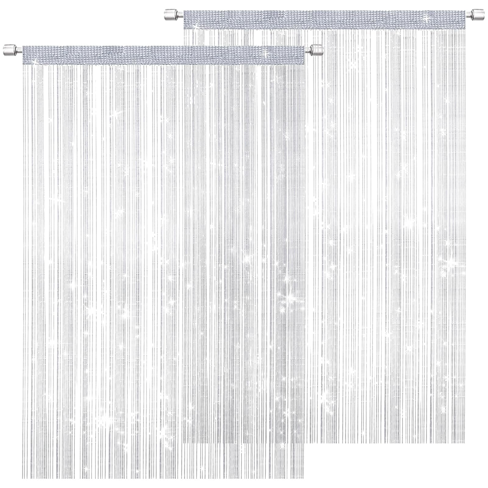 DALAETUS 2 Pcs Glitter String Curtain Panel Set, 100 x 200 CM Decorative Door Curtain, Tassel Ribbon Strip Silver Screen, Room Divider for Living Room, Bedroom, Party (White)