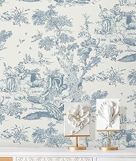 CiCiwind 16In×197In White and Blue Peel and Stick Wallpaper for Bedroom Removable Self-Adhesive Wallpaper Vintage Contact Paper Toile Contact Paper Country Wallpaper Walls Covering Decoral Cabinets