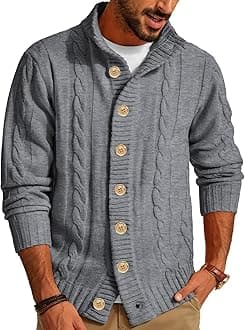 Men's Cardigan Sweaters Stand Collar Long Sleeve Cable Knit Button Down Sweater