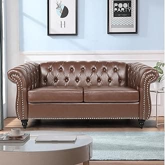 LEVNARY Leather Sofa, Chesterfield Tufted Upholstered 2 Seater Couch, Modern Loveseat Couch Classic Furniture for Living Room Bedroom (Dark Brown)