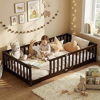 Twin Floor Bed with Safety Guardrails for Kids, Rubber Wood Montessori Bed with Slats, Twin Size Bed Frame for Girls and Boys,No Box Spring Needed,Espresso