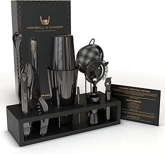 Highball & Chaser 13-Piece Gunmetal Black Stainless Steel Boston Cocktail Shaker Bar Tool Set with Mixology Bartender Kit Accessories