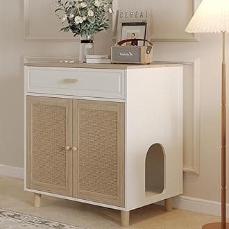 Cat Litter Box Enclosure Furniture Hidden - Indoor 2-in-1 Wooden Cat House & Washroom Cabinet with Scratching Board Doors and Drawer, 31.5”x21.6”x34.6”H