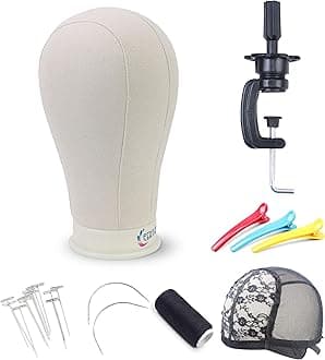 Eerya 21-24 Inch Canvas Block Head Set for Wig Display Making Hair Weave and Styling Mannequin Head with Mount Hole C Stand, Styling Hair Clips, T Needle, C Needles, Thread, Lace Wig Caps (22 Inch)