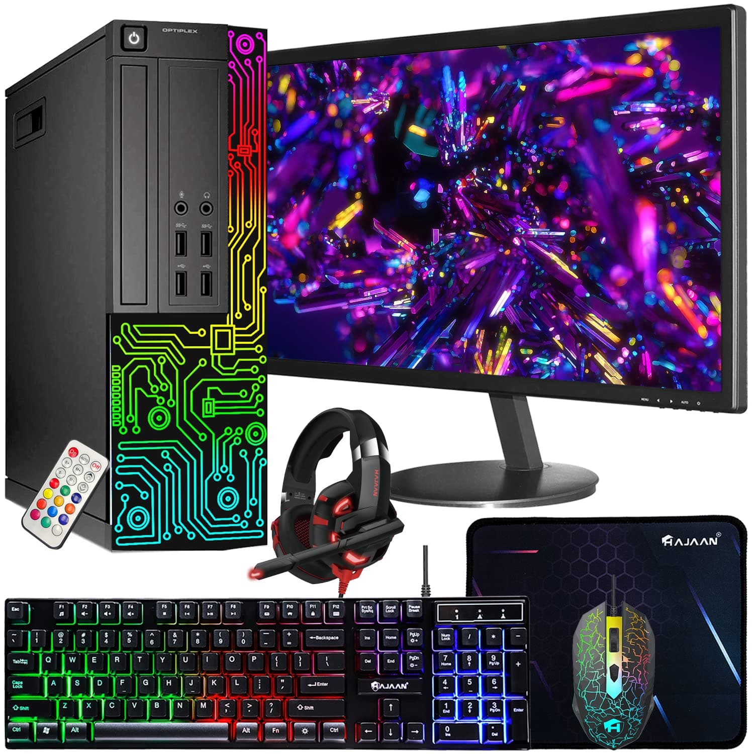 Dell OptiPlex Desktop RGB Computer PC, Intel i5 Quad-Core Processor, 16GB RAM, 512GB SSD, 24 Inch HDMI Monitor, RGB Keyboard Mouse and Headset, WiFi, Windows 11 Pro (Renewed)