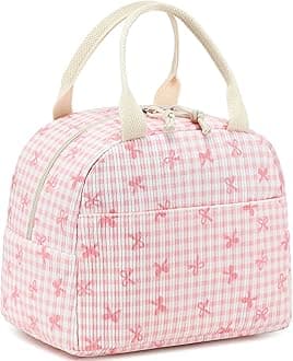 LEDAOU Lunch Box for Women Insulated Lunch Bag Corduroy Lunch Tote Bags Leakproof Cooler Lunch Case for Travel Work Picnic (Pink Bow Checkered)