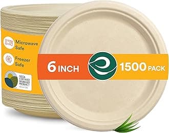 ECO SOUL 100% Compostable 6 Inch Paper Plates [1500-Pack] Disposable Party Plates I Heavy Duty Eco-Friendly Dinner Plates Disposable I Biodegradable Unbleached Sugarcane Eco Plates