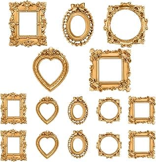Vicenpal 15 Pcs Vintage Resin Picture Frame Antique Mini Resin Jewelry Display Photography DIY Small Photo Frame for Photo Home Decoration (Gold)