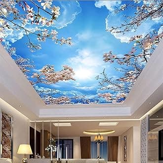 Custom 3D Ceiling Wall Mural, Blue Sky and White Cloud Pink Cherry Blossom Ceiling Mural Modern Creative Peel and Stick Wallpaper, Living Room Children's Room Bedroom Wallpaper