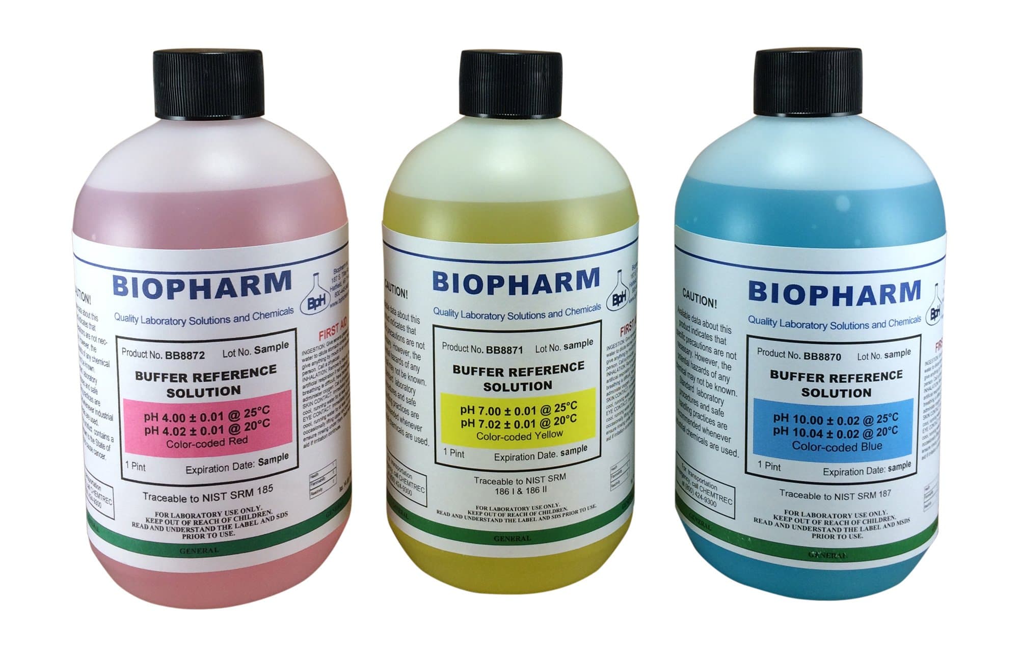 Biopharm pH Buffer Calibration Solution Kit 3-Pack | 500 ml Bottle Each | pH 4.00, 7.00 and 10.00 | Color Coded | NIST Traceable Reference Standard for All pH Meters