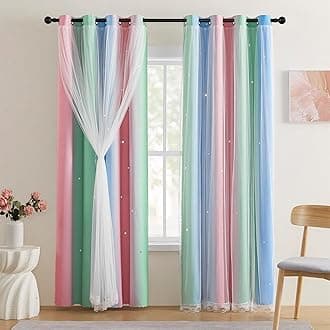 XiDi Pink & Rainbow Curtains for Kids & Girl Rooms - Blackout, Unicorn Wall Decals, Blue & Green, 34x84 Inch
