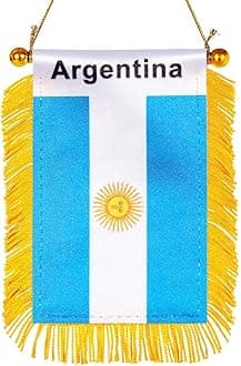 WXTWK 3 X 5 Inch Argentina Flag Argentine Window Hanging Flag Small Mini Car Flags Banners Rearview Mirror Decoration With Suction Cup Golden Fringy Banner