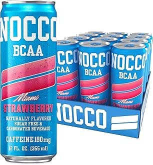 NOCCO Zero Sugar Energy Drink, Miami Strawberry - 12 Fl Oz (Pack of 12) - 180mg Caffeine, Sugar Free, Branched Chain Amino Acids, Carbonated, Low Calorie, B Vitamins, Grab & Go Performance Beverage