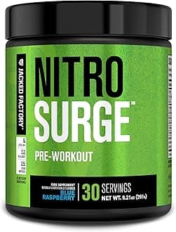 NITROSURGE Pre Workout Supplement - Energy Booster, Instant Strength Gains, Clear Focus & Intense Pumps - NO Booster & Powerful Preworkout Energy Powder - 30 Servings, Blue Raspberry