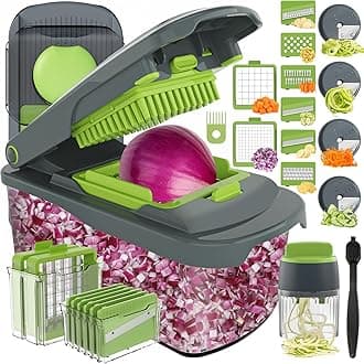 Ourokhome Veggie Chopper and Dicer with Container, Manual Hand Food Mandolin Slicer with 4 in 1 Handheld Vegetable Spiralizer for Zucchini, Potato, Onion, Essential Kitchen Gadgets (12 in 1, Gray)
