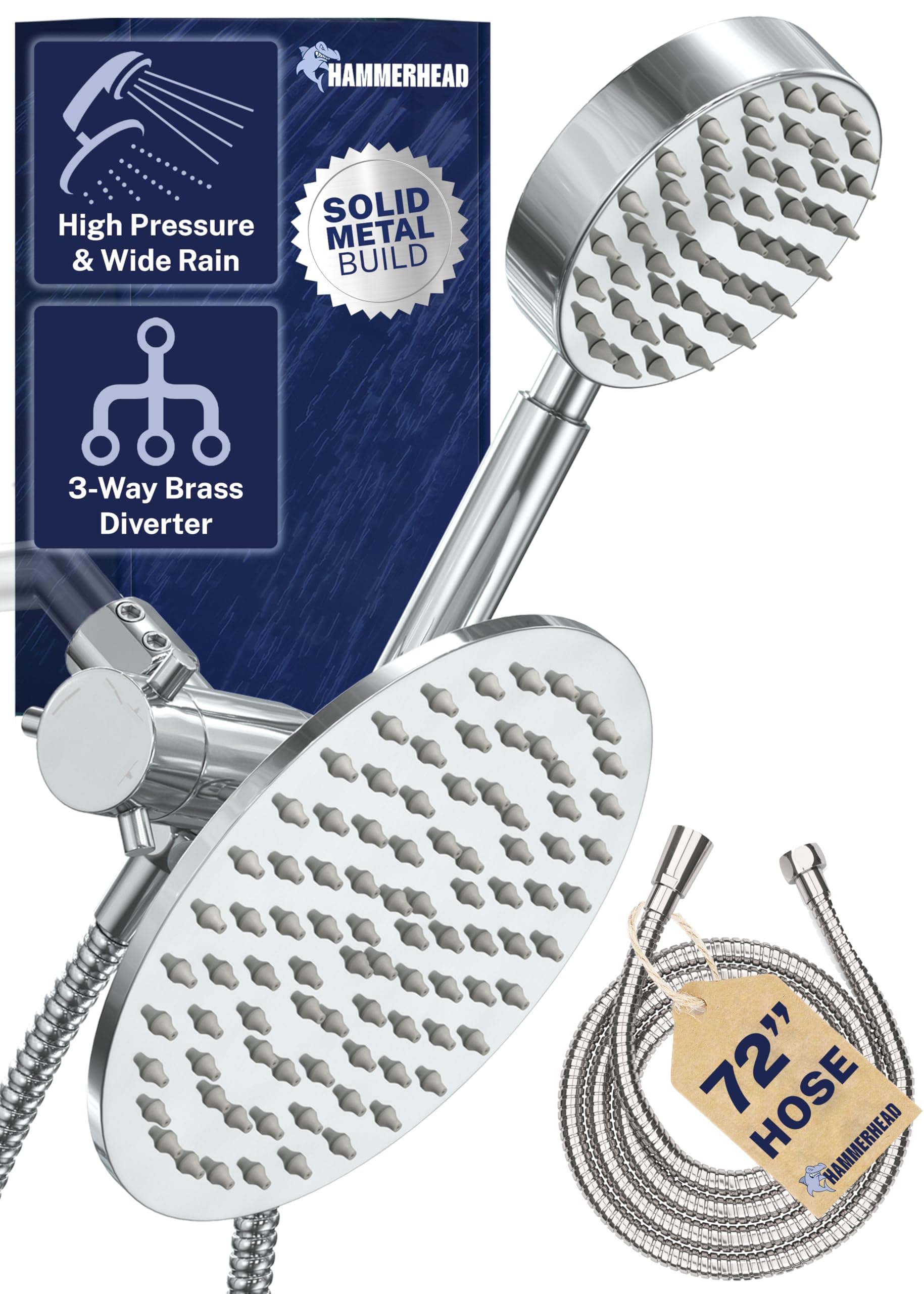 Solid Metal Dual Shower Head Combo – CHROME – 8 Inch Rainfall High Flow Shower Head & Handheld Shower Head High Pressure with Hose 6ft - Hotel-Like Double Shower Heads