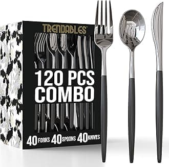 Trendables 120 Pack Disposable Silverware Set - Silver & Black Plastic Cutlery - Includes 40 Forks, 40 Spoons, 40 Knives - Party Set