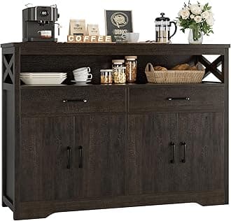 HOSTACK 47" Modern Farmhouse Sideboard Buffet Cabinet, Wood Buffet Storage Cabinet with Drawers & Shelves, Large Coffee Bar Cabinet with Storage, Microwave Stand for Kitchen, Dining Room, Dark Brown
