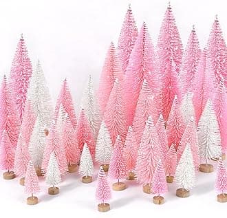 30Pcs Mini Christmas Trees Artificial Christmas Tree Bottle Brush Trees with Wooden Base for Christmas Decor Christmas Party Home Table Craft Decorations(Pink+White)