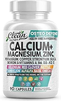 Allin1 Calcium Magnesium Zinc Supplement with Potassium, Copper, Strontium, Silica, Vitamin D3 K2, Boron, Vitamin B1 B12 Red Clover Herb Alfalfa Basil Pills for Men & Women Clean Nutra Osteo Defend