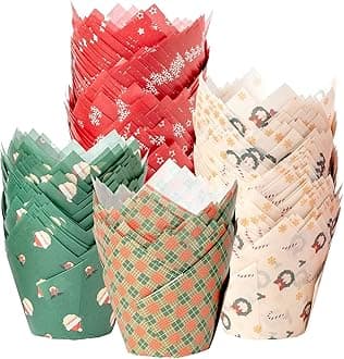 katbite Tulip Paper Muffin Cases 200 Pieces Cupcake Baking Cups for Christmas Muffin Mould Christmas Theme