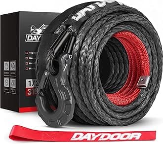 DAYDOOR 1/2'' x 92ft Synthetic Winch Rope, 31,500 Lbs Winch Rope Cable Kit, Winch Line Replacement with Protective Sleeve and Heavy Duty Forged Winch Hook for 4WD Off Road Truck