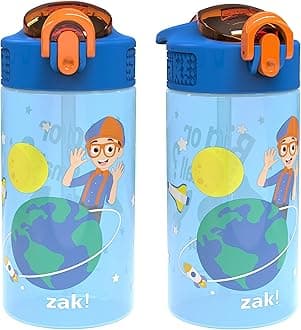 Zak Designs Blippi Kids Water Bottle with Spout Cover and Built-In Carrying Loop, Made of Durable Plastic, Leak-Proof Design for Travel (16 oz, Pack of 2)