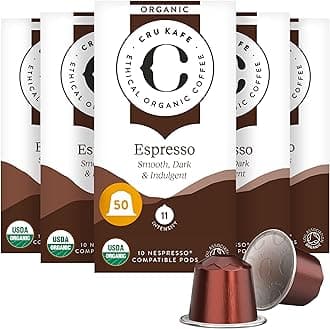 Cru Kafe Strong Espresso USDA Organic Espresso Coffee Capsules (50 Pods) Fairtrade Coffee Pods Compatible with Nespresso Original Line and Pixie Machines