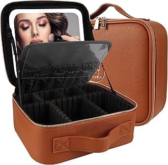 MOMIRA Travel Makeup Bag Cosmetic Bag Makeup Organizer Bag with Lighted Mirror, Adjustable Brightness in 3 Color Scenarios, Waterproof Makeup Train Case, Gift for Women - Tangerine Brown