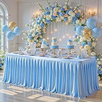 6FT Blue Satin Tablecloths for Rectangle Tables - Shiny Spandex Party Table Cover with Pleated Table Skirt, No-Wrinkle & Glossy Wedding Tablecloth One-Piece for Birthday Baby Shower Banquet Ceremony