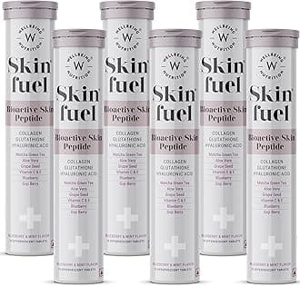 - Wellbeing Nutrition Skin Fuel | Glutathione Tablets | Skin Glow and Radiance for Men & Women | Hyaluronic Acid, Grape Seed, Vitamin E (15 Effervescent Tablets) Pack of 6