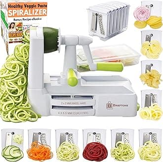 Brieftons 10-Blade Spiralizer: Strongest-and-Heaviest Vegetable Spiral Slicer, Best Veggie Pasta Spaghetti Maker for Low Carb/Paleo/Gluten-Free, with Blade Caddy, Container, Lid & 4 Recipe Ebooks