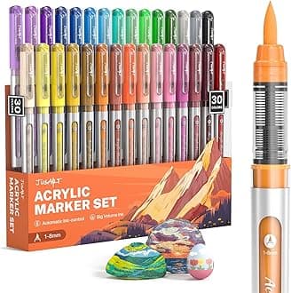 Acrylic Paint Markers Brush Tip 30 Colors, Water-Based No-Bleed Markers with Automatic Ink Control, Waterproof Acrylic Paint Pens for DIY Art & Crafts -Eggs, Fabric, Rock, Glass, Ceramic, Metal