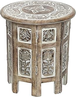 Aisha Craft House Small Rustic Wood Table Round White Side end Carved Indian Coffee Accent