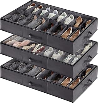 Lifewit Under Bed Shoe Storage Organizer Set of 3, 4.3 Inches Tall Low Profile Fabric Shoes Container Box, Foldable Shoe Rack with 2 Reinforced Handle and Clear Cover, Each Fit 16 Pairs of Shoes