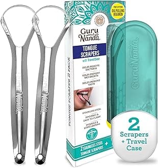 Guru Nanda Stainless Steel Tongue Scraper (Pack of 2), Fights Bad Breath, Medical Grade 100% Stainless Steel, Great for Oral Hygiene, Tongue Cleaner for Adults and Kids