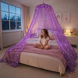 Bollepo Glow in The Dark Stars Bed Canopy, Twin Size, Purple, Romantic Style, Fireproof Fabric