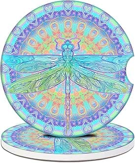 Car Cup Holder Coasters - Mandala Dragonfly Absorbent Ceramic Coaster 2 Pack, Anti Slip Car Coasters for Cup Holders, Fashion Car Interior Accessories Drink Coaster for Women & Men