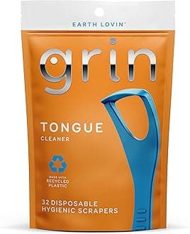 GRIN Tongue Cleaner, 32 Count, Disposable Tongue Cleaner, Hygienic Scraper, Recycled Plastic, Clean Tongue, Promote Fresh Breath, Includes Safe Fold- Back Tooth Pick