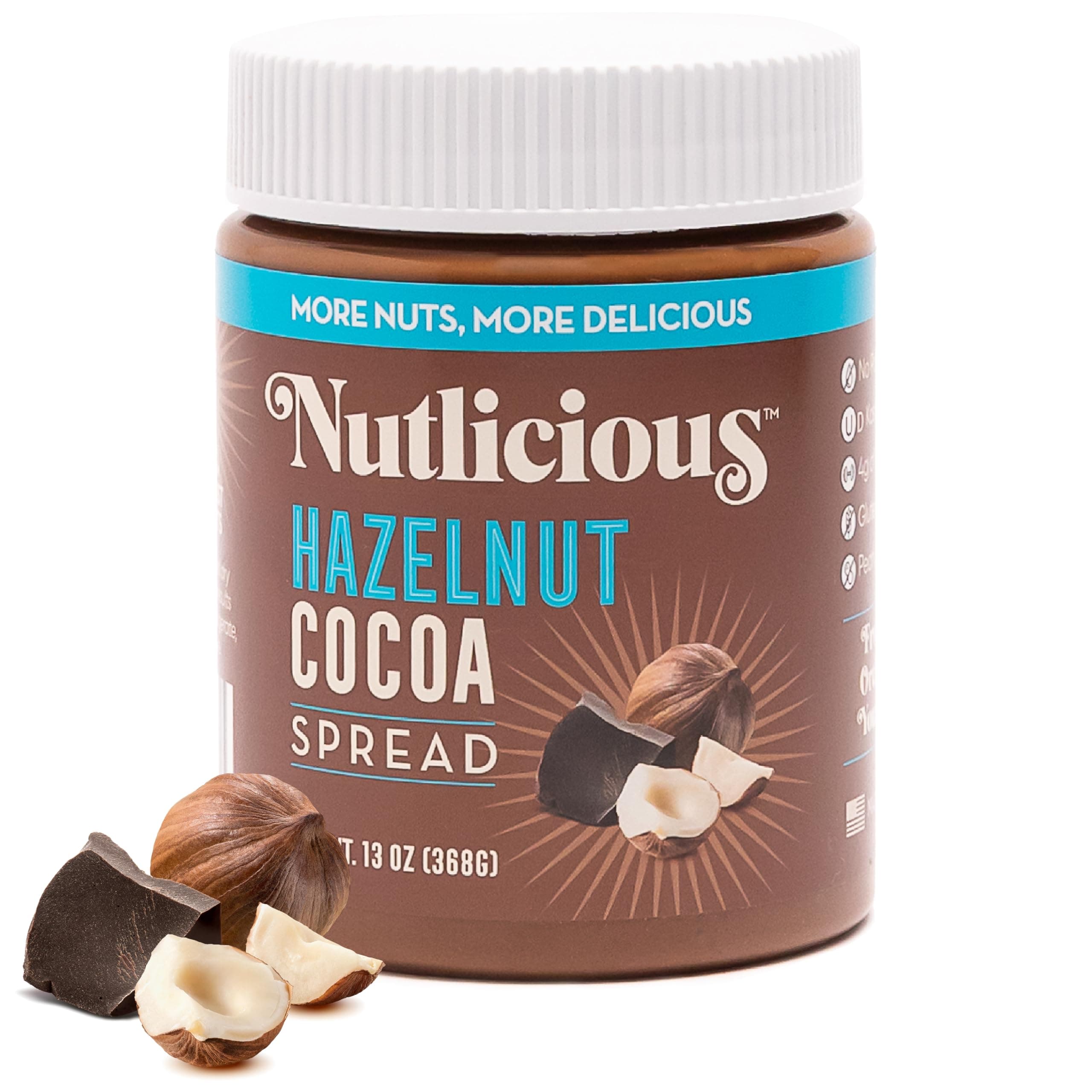 Hazelnut Cocoa Spread (13 oz), Spreadable Roasted Hazelnuts with Cocoa, Made in the USA, No Palm Oil, 4 gm of Protein