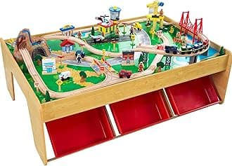 Waterfall Mountain Wooden Train Set & Table with 120 Pieces, 3 Storage Bins
