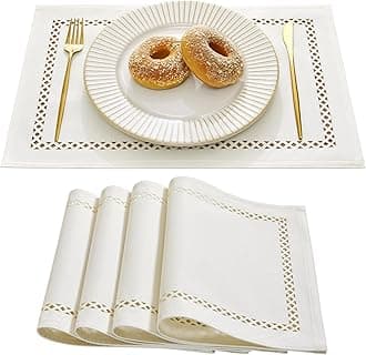 Burlap Placemats Set of 4, 12 x 18 Inch Rustic Geometric Hollow Place Mats, Heat Resistant Placemats for Farmhouse Kitchen Table Decor, Off White 4PCS