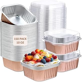 Aoriher 150 Pieces 10 oz Mini Cake Pans with Lids Aluminum Foil Baking Cups Square Disposable Cupcake Cups Baking Tins for Kitchen Brownie Pudding Desserts Muffin Ramekins Holders(Champagne)