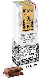 - Milk Chocolates - Premium Alpine Milk Chocolate Bars with Crunchy Caramel & Sea Salt - Made in Switzerland - GMO Free - Each 1.4 oz - 10 Pack