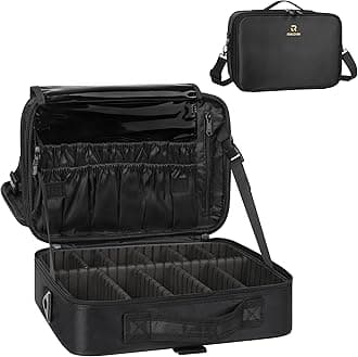 MONSTINA Travel Makeup Train Case,13.8 inches Large Cosmetic Case,Makeup Brush Holder Organizer and Storage with Adjustable Dividers and Shoulder Strap (Black)