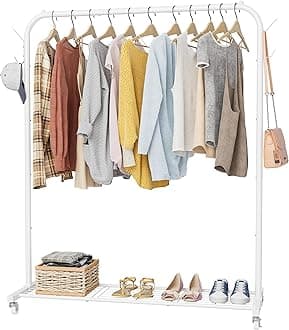 Clothes Rail, Portable Clothes Rack with Hook and Metal Storage Shelf, Heavy Duty Clothes Rail on Wheels, Clothes Rails for Bedroom, Hanging Rails for Clothes, Holds up to 40 kg, White