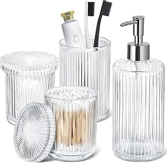 Bathroom Accessories Set, 4 Pack Clear Glass Bath Accessory Sets Complete, Ribbed Soap Dispenser and Toothbrush Holder Set with 2 Qtip Holders, Modern Sliver Bathroom Counter Decor