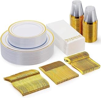 Goodluck 175 Pieces Gold Dinnerware Set for 25 Guests, Plastic Plates Disposable for Party, Include: 25 Dinner Plates, 25 Dessert Plates, 25 Paper Napkins, 25 Cups, 25 Gold Silverware Set